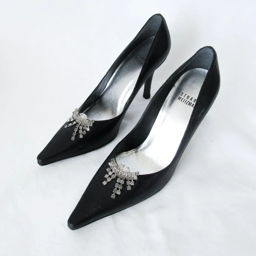 STUART WEITZMEN Classic Black Pointed Toe Pumps Crystal Charm Fringe Heels - Picture 1 of 15